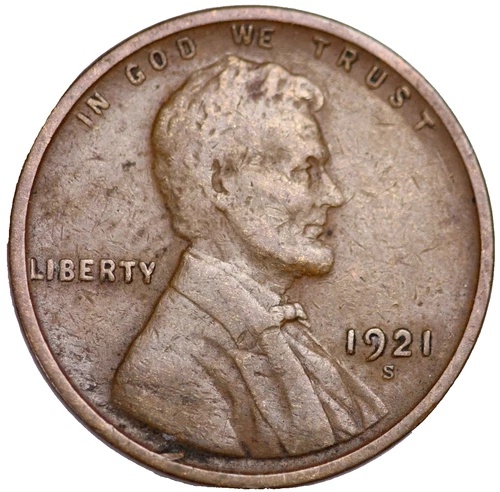 1921 S Lincoln Cent Good - Very Good  (G-VG) Circulated Condition Copper Penny