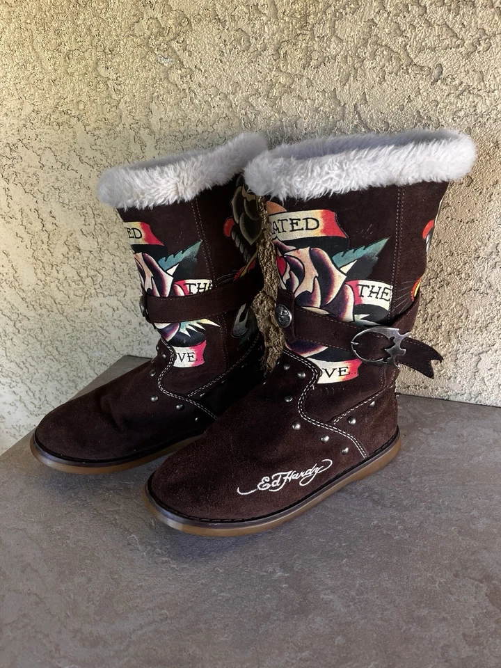 Botas de tatuaje Don Ed Hardy marrón gamuza cuero hebilla talla 5 Foto 4 de 4