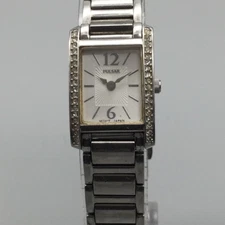 Pulsar Watch Womens Crystal Accent Rectangular Stainless Steel 18mm New Battery