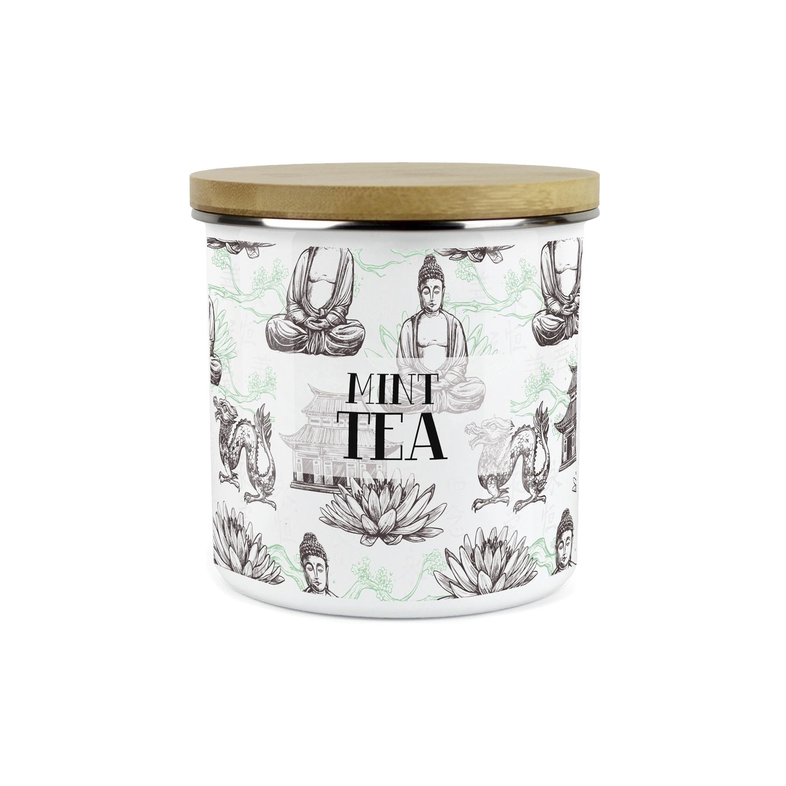 Mint Tea Storage Canister - Oriental Scene Enamel Kitchen Storage Jar