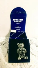 Vtg Torino Pewter Bear Jewelry Set Pin, Pierced Earrings & Stand New In Box  