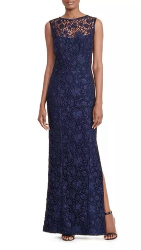 LAUREN Ralph Lauren Navy Lace Sleeveless Slit Gown Size 2