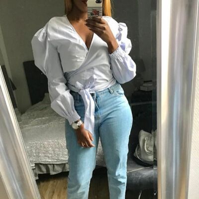 ZARA TOP WITH FULL SLEEVES SKY BLUE 2188/058 SIZE M BLOGGERS