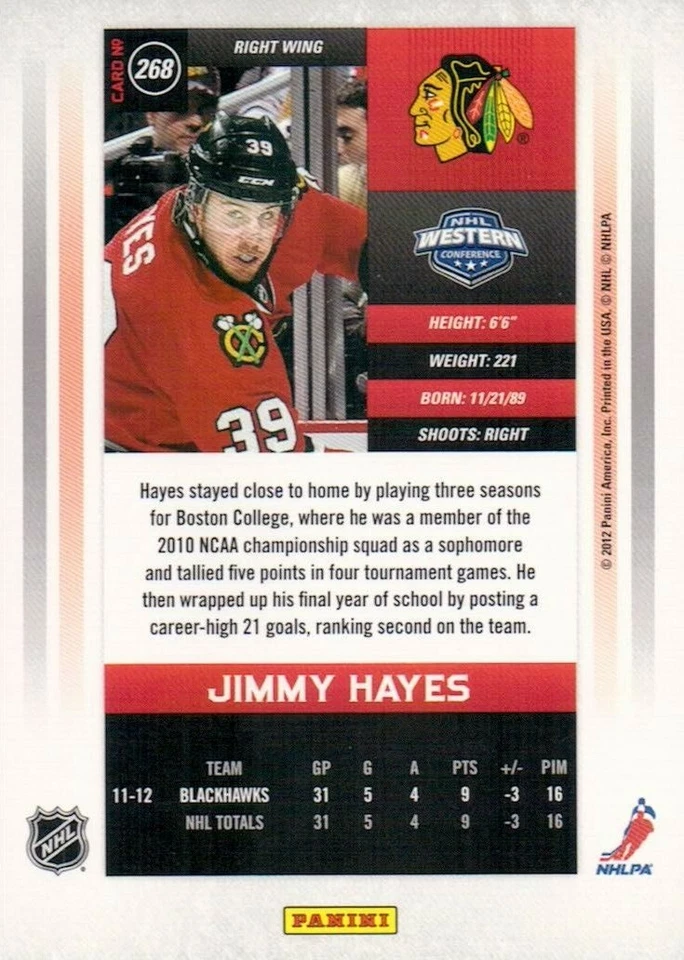 Jimmy Hayes Chicago Blackhawks 2011-12 Panini "Calder Contenders" - RC 268 - Image 2 of 2