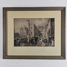 ART - Antique European Aquatint Etching 15x12.5 Framed MCM VTG Art