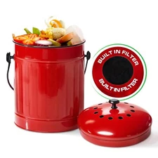 Countertop Compost Bin with Lid Red 1.5 Gallon Odorless Kitchen Compost Conta...
