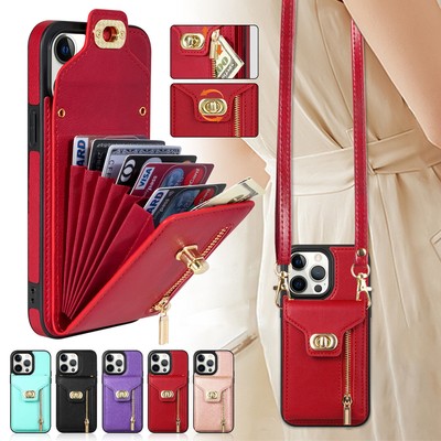 Crossbody Leather Wallet Card Bag Case For iPhone 16 Pro Max 15 14 13 12 11 XS X