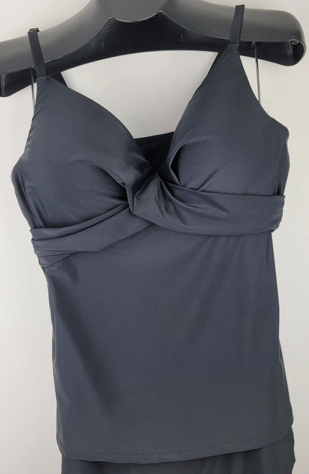 Island Escape Black 2 Piece Tankini Top Ruched Skirt Built in Bottoms Size 16 - Image 2 of 4