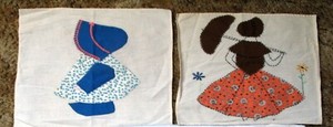 2 vtg hand appliqued & embroidered pillow tops; Sunbonnet Girl & Umbrella Lady