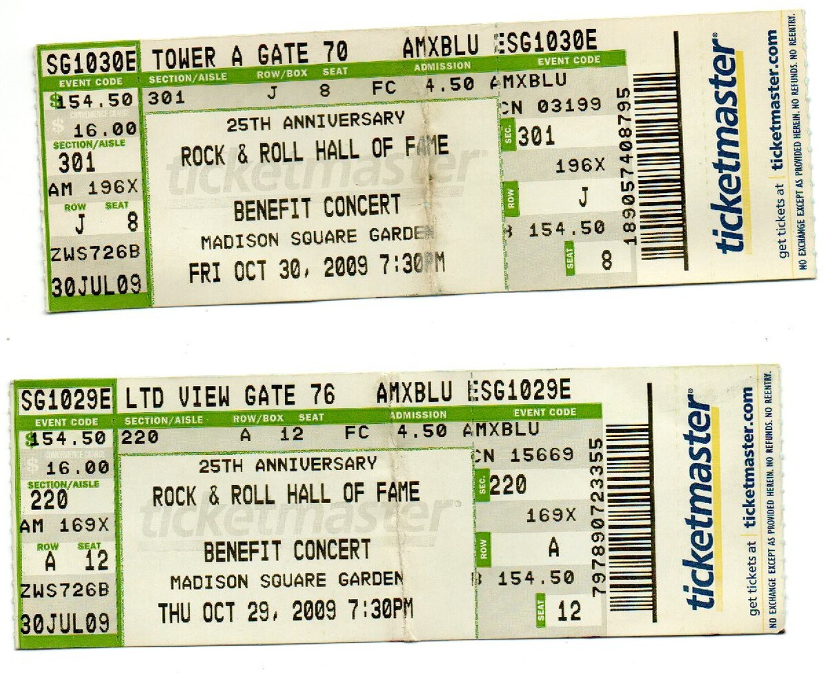 ROCK & ROLL HALL OF FAME CONCERT TICKETS OCT 2009 SPRINGSTEEN, U2