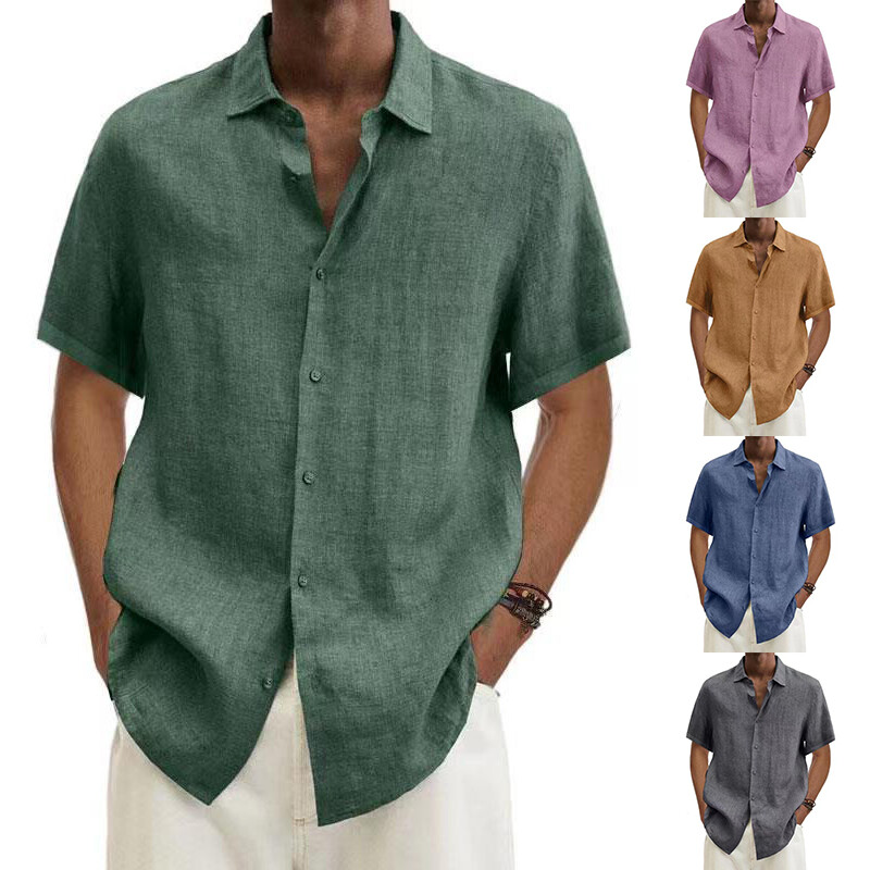 Men's Linen Cotton T Shirt Men Plain Casual Short Sleeve Button Summer