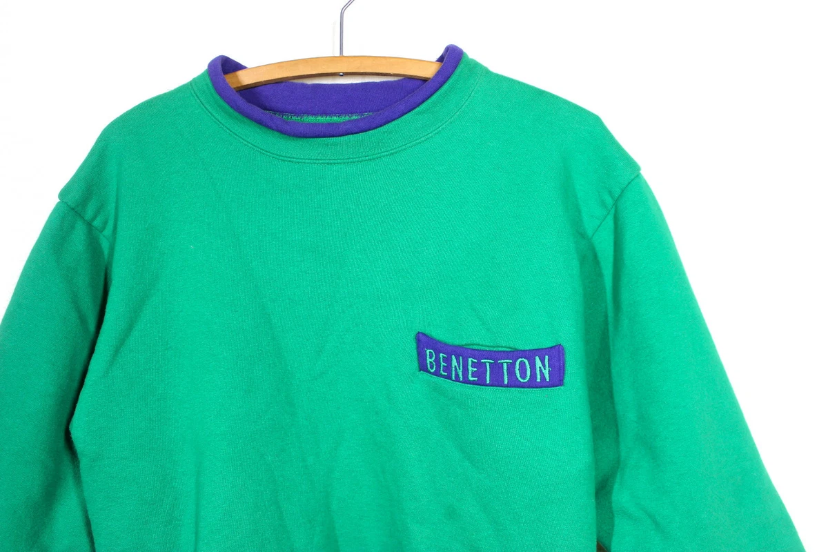 Vtg 80s Benetton Sweatshirt Bright Green Purple Pocket Crew Neck Active S
