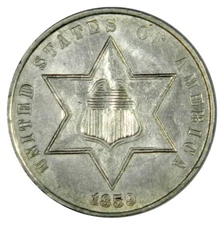 1859 THREE CENT SILVER ~ SHARP BRIGHT WHITE BU UNCIRCULATED! INV#4
