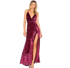 Privacy Please Dress Centinela Maxi Faux Wrap Crushed Velvet Slit Wine Lg *FLAW