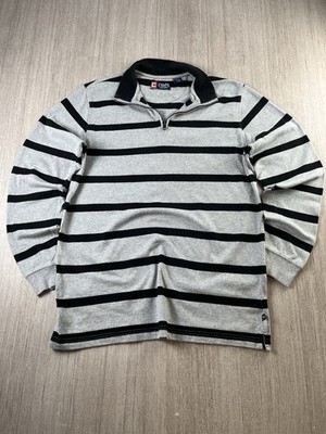 Chaps Herren L grau schwarz gestreift 1/4 Zip Pullover Sweatshirt Langarm Baumwolle