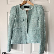 Zara Tweed Boucle Blazer Jacket Womens Medium 10/12  Mint Green Textured Striped