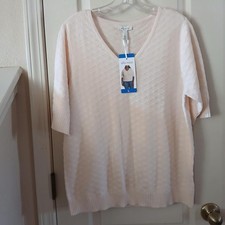 NWT cream V-neck short-sleeve sweater textured honeycomb knit L Basic Preppy