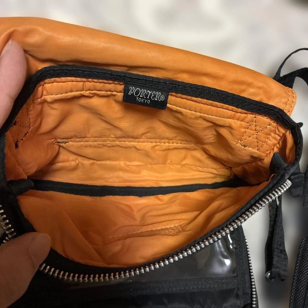 PORTER Yoshida TANKER 2Way Shoulder Bag Black Snap Flap Orange Lining Japan
