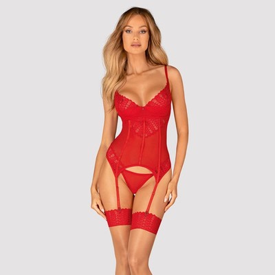 Obsessive Ingridia Korsett und Tanga aus roter Spitze, XL2XL