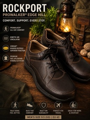 Rockport ProWalker Brown Leather Walking Comfort Shoes Vibram Sole 9.5 $125  