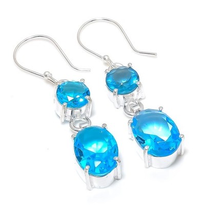 Swiss Blue Topaz Gemstone Handmade 925 Sterling Silver Jewelry Earring Size 2''
