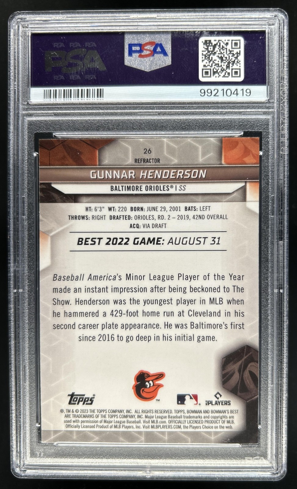 2023 Bowman's Best Gunnar Henderson Refractor Rookie RC #26 Orioles PSA 10 view 2