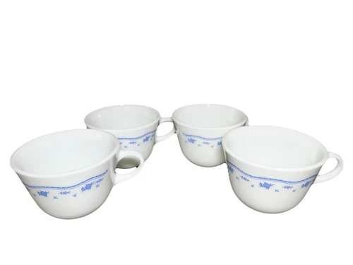 Vtg Pyrex Corning Corelle Morning Blue Floral Milk Glass Coffee Tea Cup Set 4