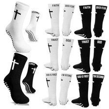 6 Pairs Cross Grip Soccer Socks Anti Slip Religious Crew Socks Black, White