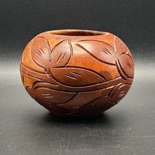 Vintage Hand Carved Turned Wood Flowers & Leafs  Trinket Box/Vase/Dish 4"