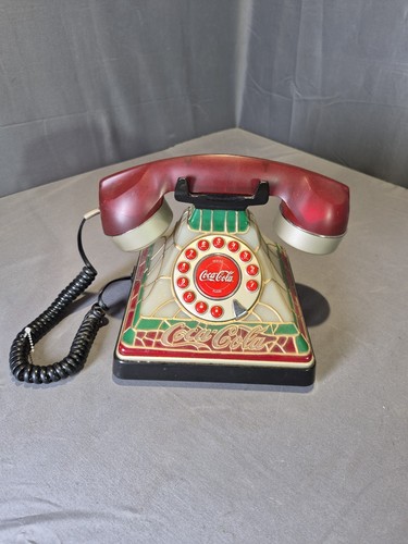 Vintage Coca Cola Tiffany Style Stained Glass Look Telephone w/ Light - UNTESTED