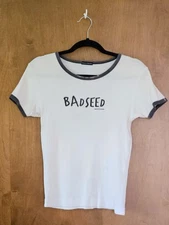 Vintage David & Goliath BADSEED 100% Cotton White Black Trim Shirt Womens Medium