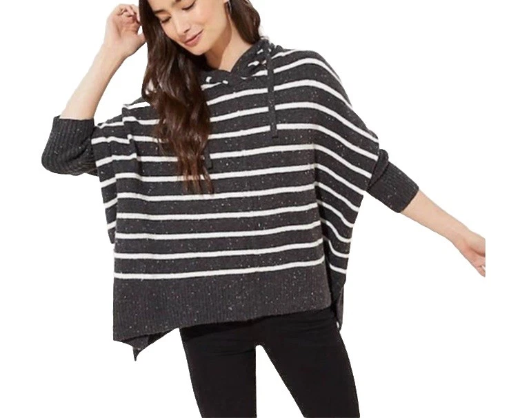 Loft Gray Stripe Cozy Hooded Poncho Sweater Oversized Long Sleeve Pullover S