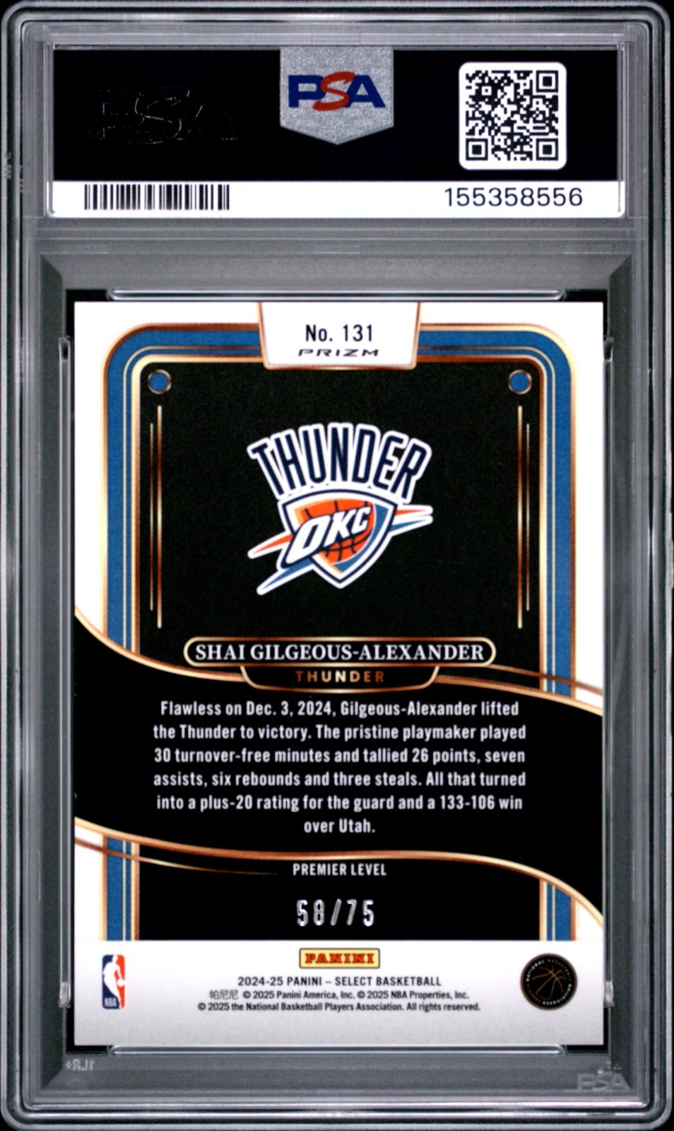 2024 Panini Select SHAI GILGEOUS-ALEXANDER 131 NEON GREEN Prizm /75 PSA 10 POP 3 view 2