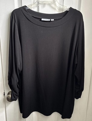 Susan Graver Women's Top Plus Sz 2X Modern Essentials Ruched Sleeve Basic Black