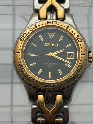 Seiko 1N00-0F60 25mm Sports 50 Quartz Date Black Dial Two-Tone Sports Watch