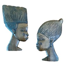 Vintage African Wall Plaques Hand Carved Wooden Heads Man And Women 9 Hanging.