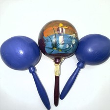 Pair of Blue One Purple Hand Painted Maracas Mexico Gourd Wooden Shakers