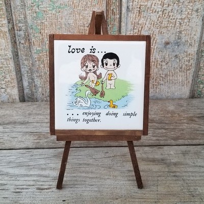 Vtg Kim Casali Love Is ...  Enjoy Doing Simple..  Ceramic Tile Mounted on Easel