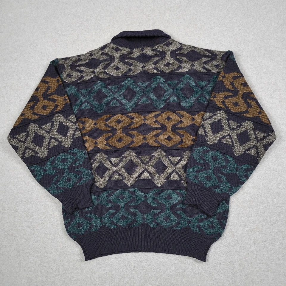 Pierre Balmain Sweater Mens Medium Blue Geometric Wool Alpaca Shawl Elbow Patch - Image 2 of 4