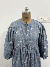 Cotton Grey Floral Printed Dress Maxi Gown, Deep Neck Dress Women's Clothing US
