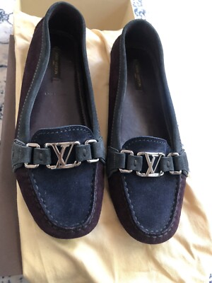 Louis Vuitton Purple Grey Suede LV Logo Slip On Loafers Moccasins 