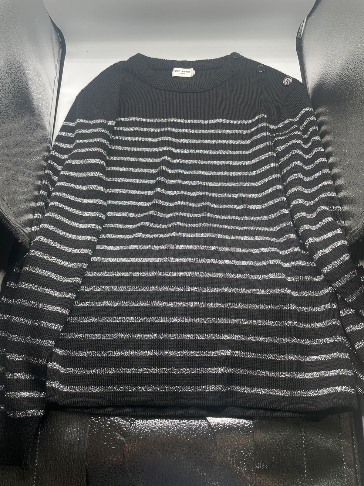 MAGLIONE SAINT LAURENT NERO ARGENTO A RIGHE METALLICHE MISTO LANA PULLOVER NUOVO CON ETICHETTE