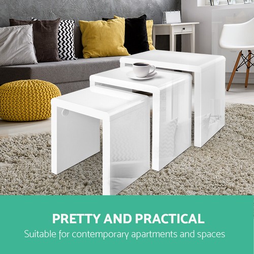 Artiss Coffee Table 3 Nest of Tables Set Side Display Shelf High Gloss White - Picture 4 of 8