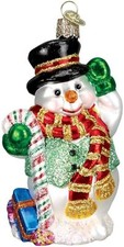 Old World Christmas Glass Ornament, Candy Cane Snowman With OWC Gift Box 