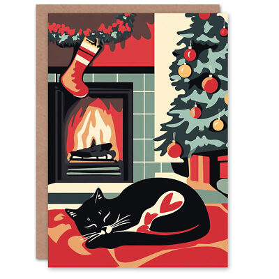 Fireplace Decorated Tree Cat Lover Christmas Fun Gift Festive Xmas Card