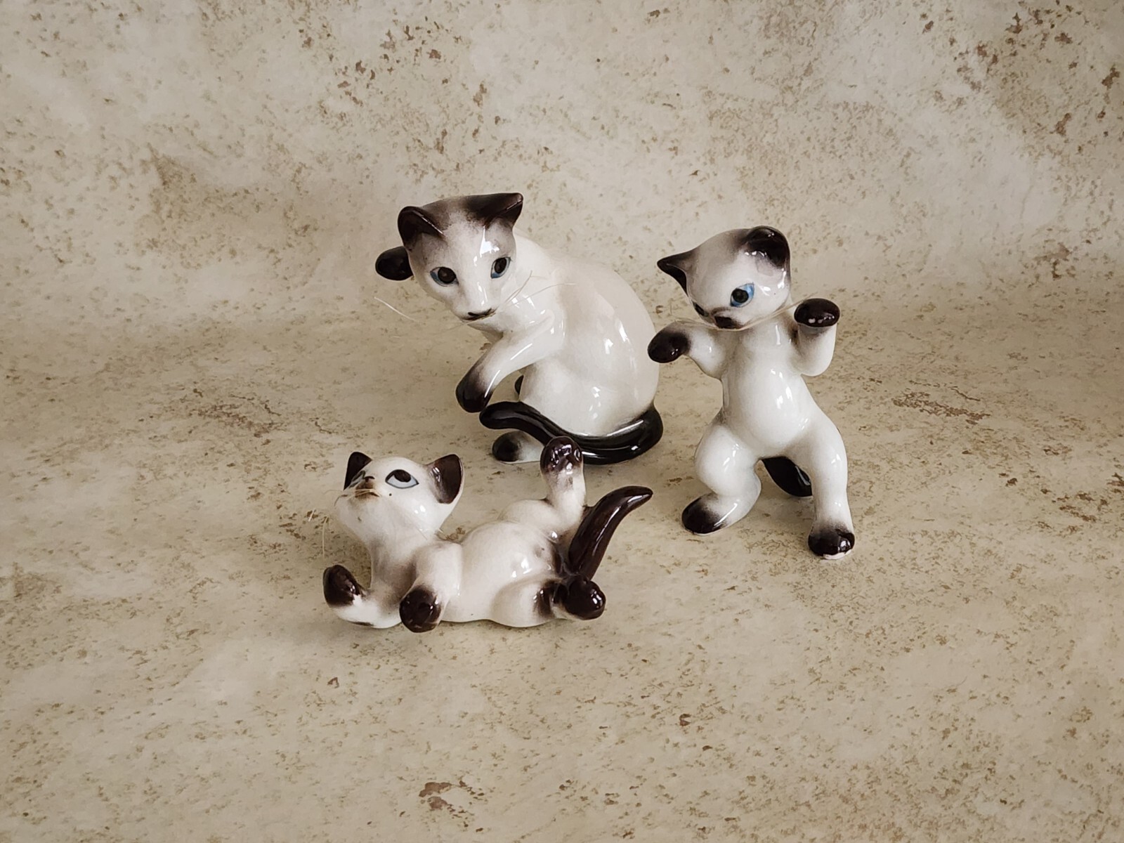 Vintage 3 Siamese Cat Figurines with Whiskers Ceramic Made in Japan