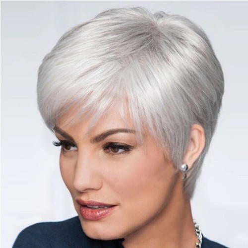 Pixie Cut Gray Wig No Lace Straight Synthetic Heat Safe Hair Party - Picture 4 of 12