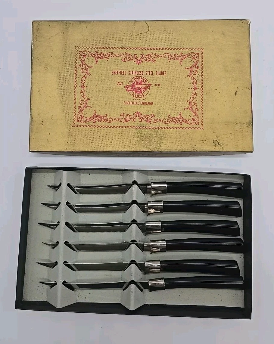 Vintage Set Of 6 E Parker & Sons #3709 Sheffield England Serrated Steak Knives