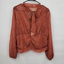 Chiffon Bow Neck Long Sleeve Crop Top Polka Dots Sheer Lightweight XL Womens NWT