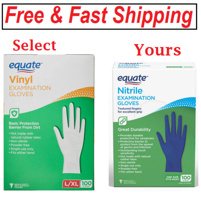 EQUATE VINYL EXAM GLOVES, L/XL, 100 Count & ONE SIZE FITS MOST, 100